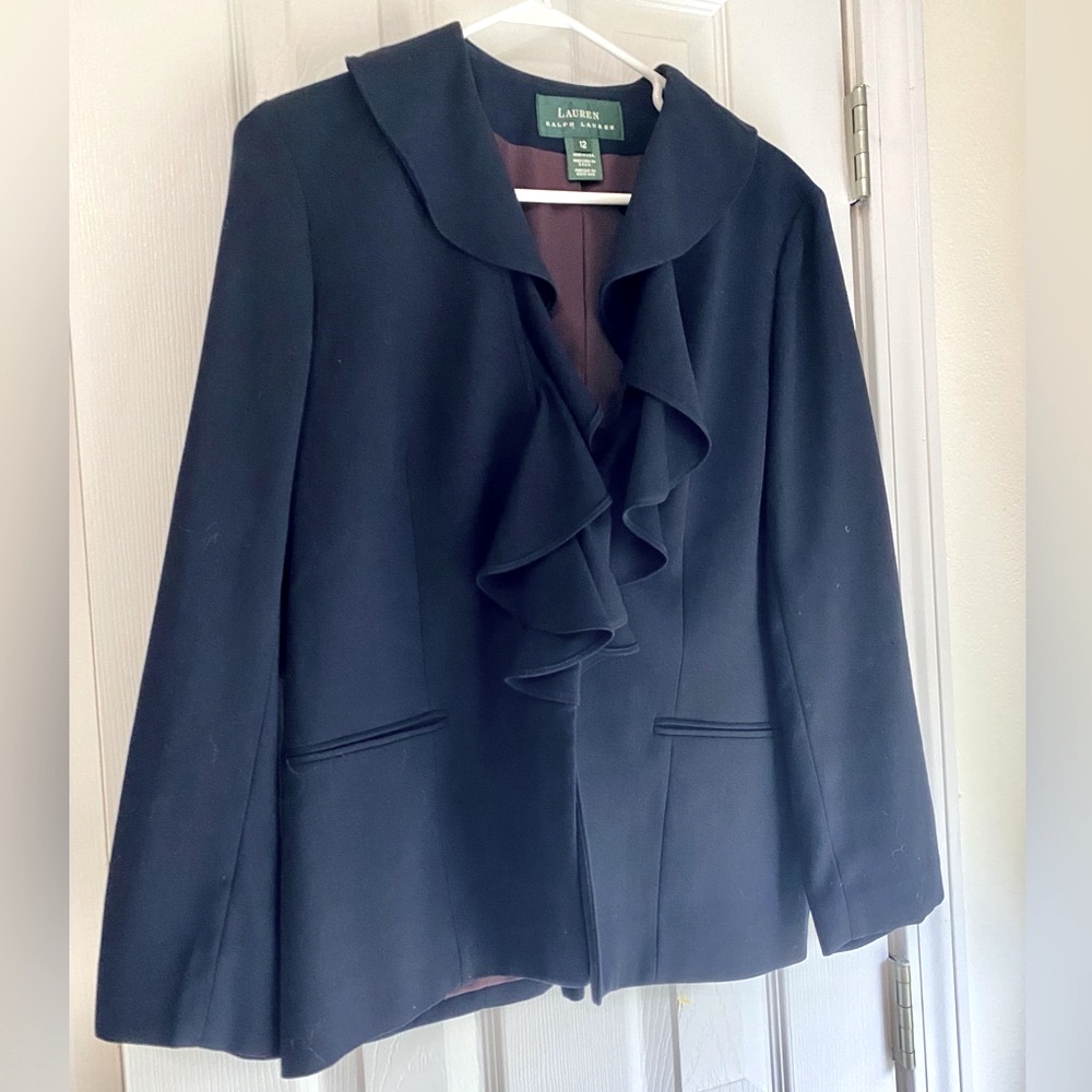 Ralph Lauren navy ruffle trim wool blazer women size 12